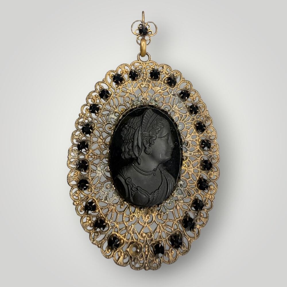 Vintage Czechoslovakia Glass Cameo Filigree Pendant Black Rhinestones 1930s